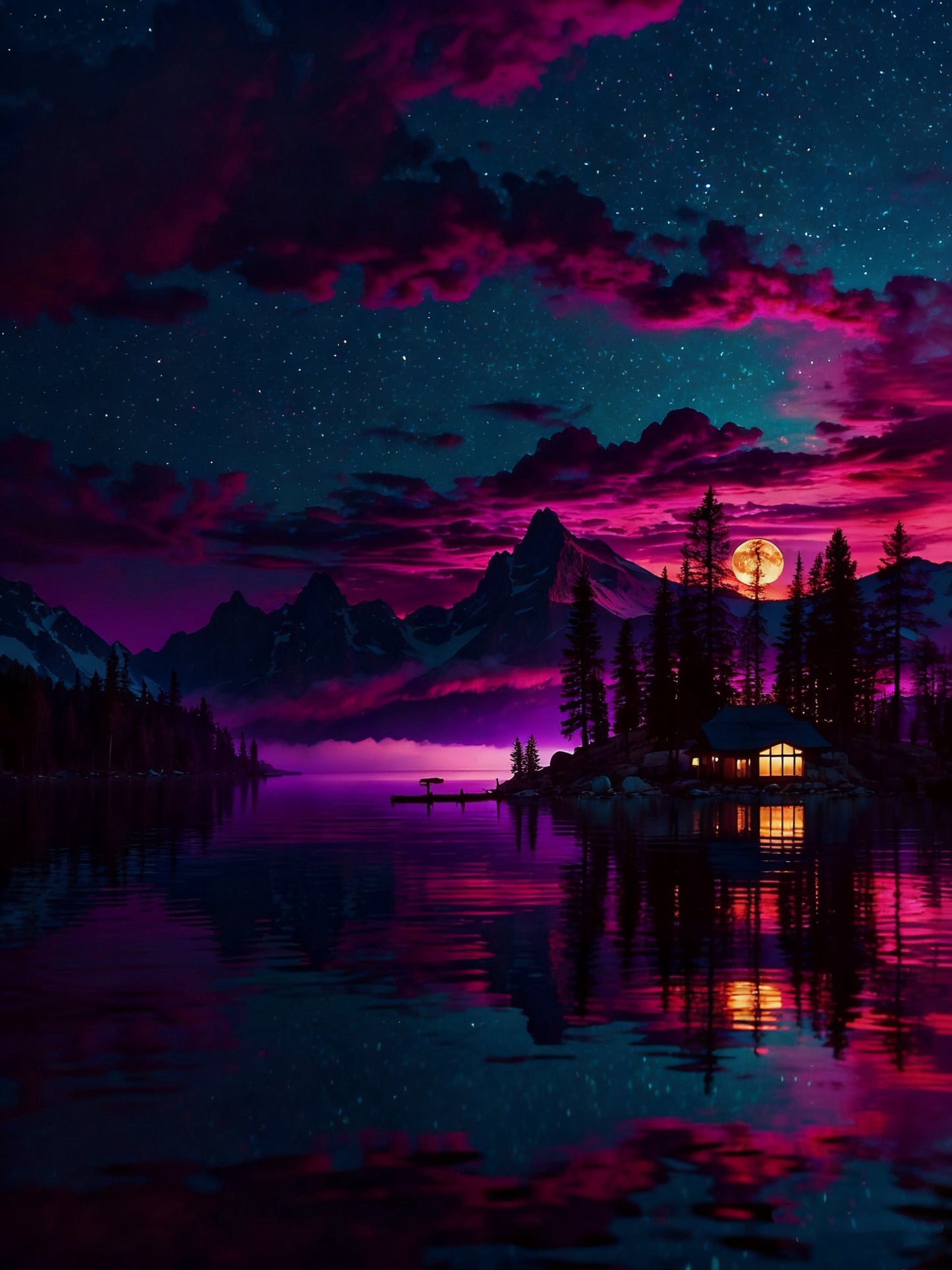 Moonlit Lake Cabin