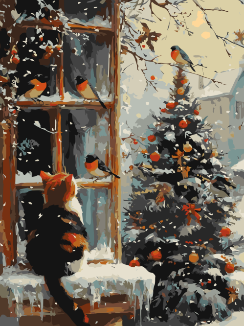 Christmas Cat & Birds