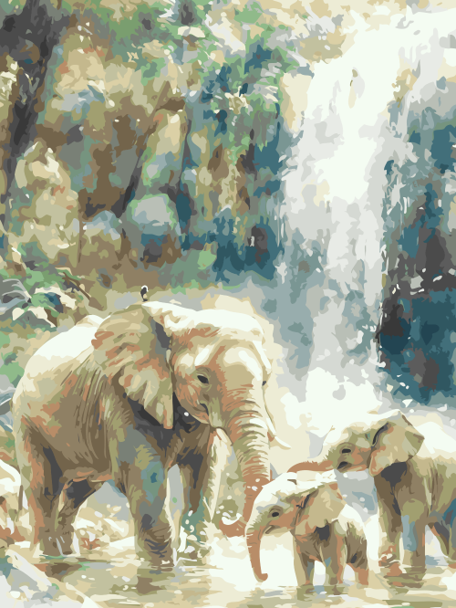 Elephants by Waterfall