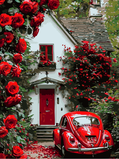 Red Roses and Cottage