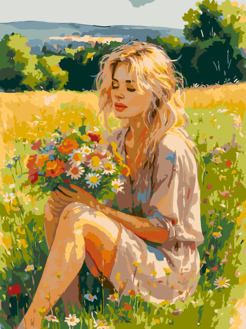Woman with Flowers in Field