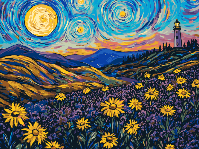 Purple Flower Fields under Moonlight