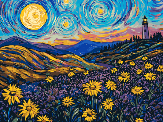 Purple Flower Fields under Moonlight