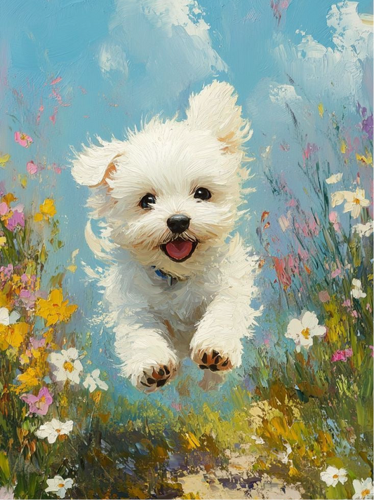 Happy Puppy in Flowers