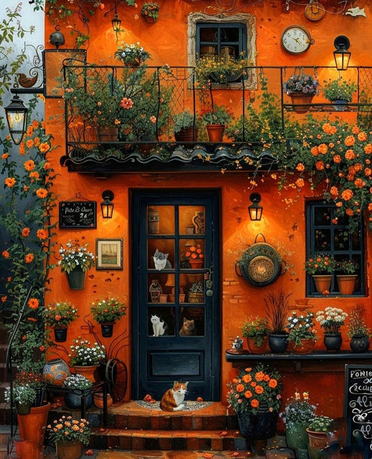 Floral Cottage with Cats