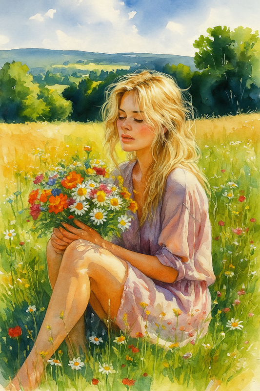 Woman with Flowers in Field