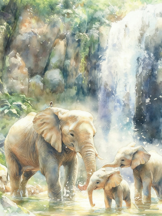 Elephants by Waterfall