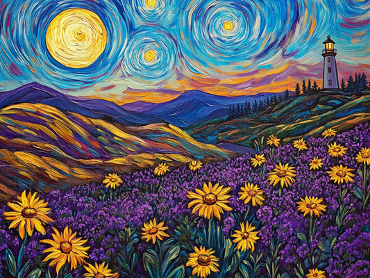 Purple Flower Fields under Moonlight
